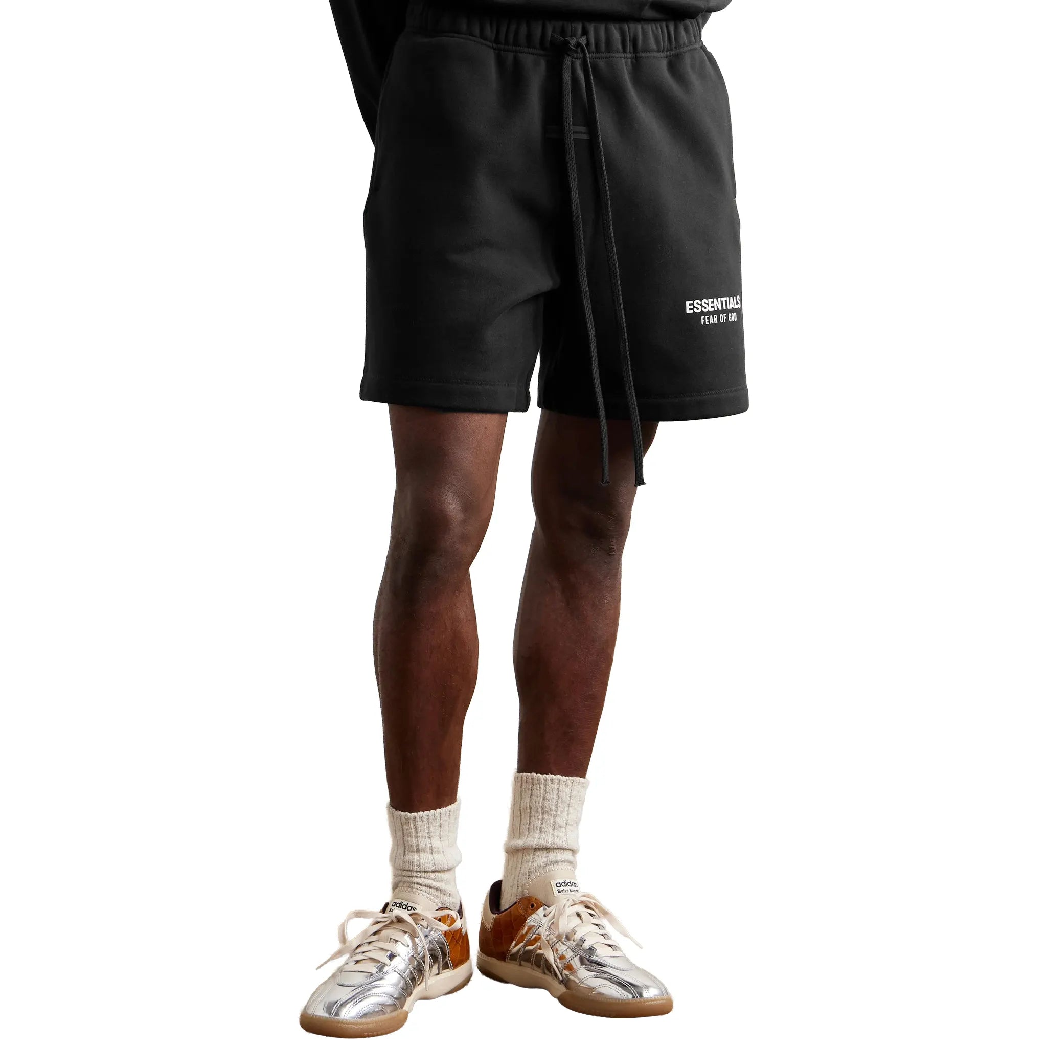 Model Front View of Fear Of God Essentials Classic Jet Black Shorts (SS24) 160as252000f